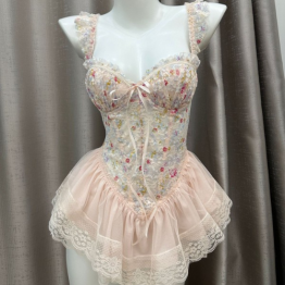 Floral Print and Dyeing Sweet Fishbone Bra with Breast Pads