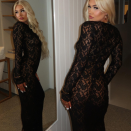 New elegant elegant pure color lace jacquard micro transparent round neck waist tight sheath dress (NO BRA PANTY)_